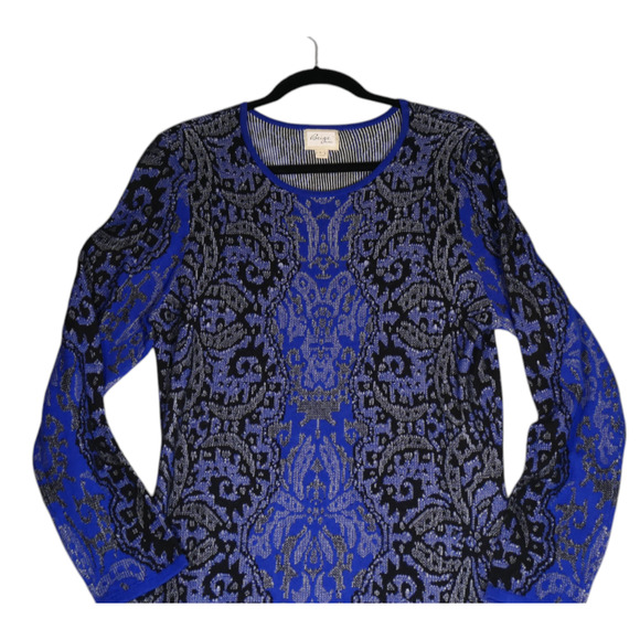 Beige by Eci Sweater Dress Womens Large Blue Floral Cotton Career Casual Boho - Picture 2 of 10